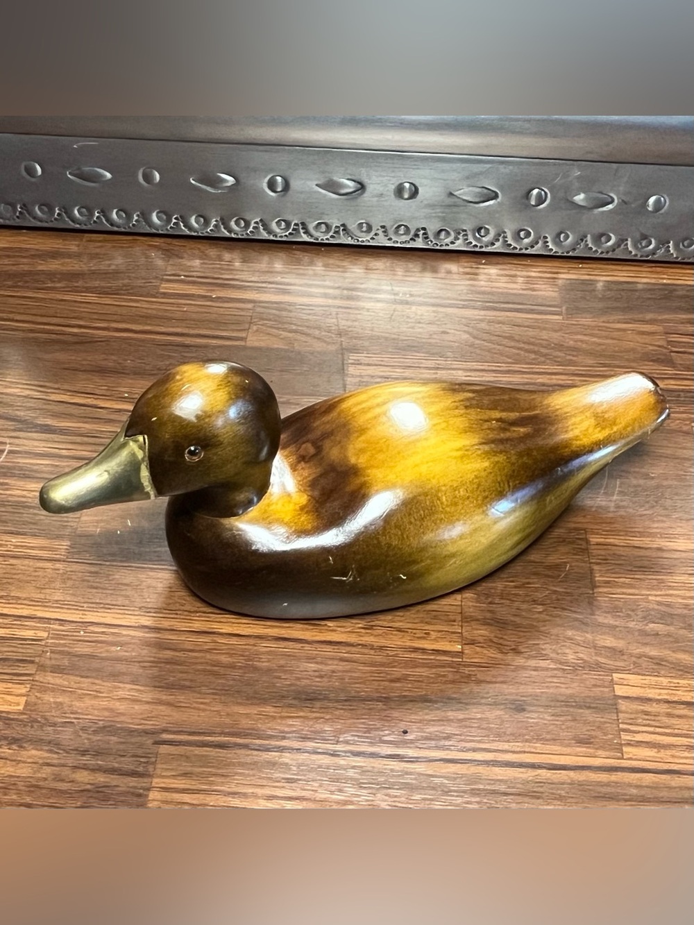Wood & Brass Hand carved Duck Decoy Vintage 80s